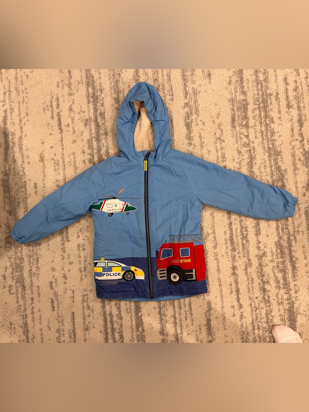 Mini Boden Blue Hooded Jacket with Police, Fire Truck & Helicopter Appliqués